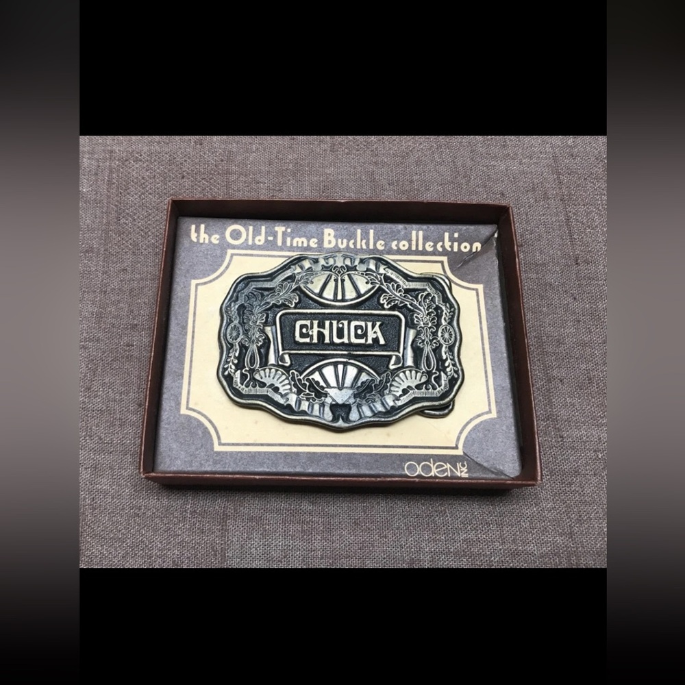 Vintage Oden Inc CHUCK Name Plate Belt Buckle with Original Box